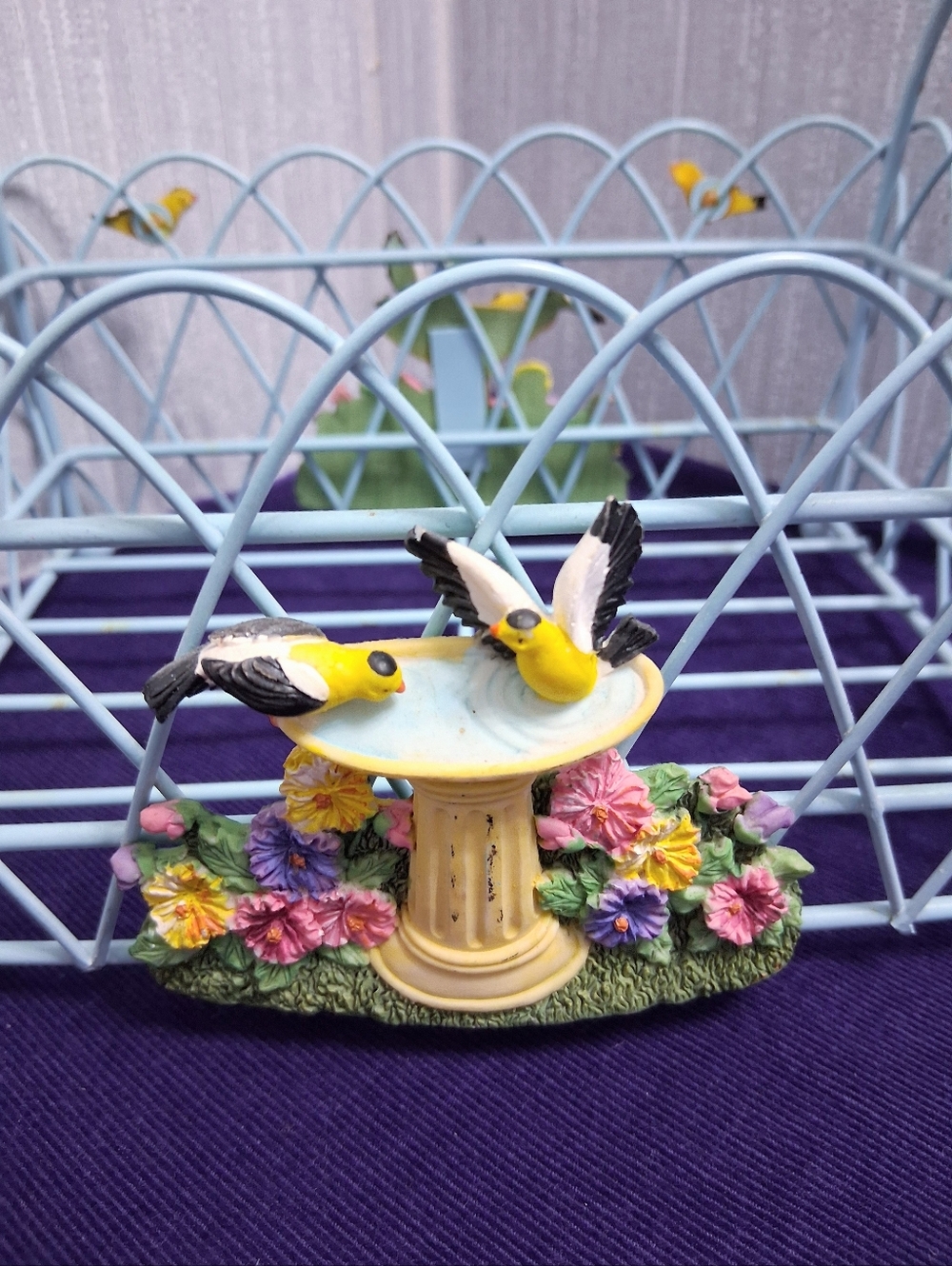 Vintage Whimsical Birdbath Basket With Bird Decorations Light Blue Metal - Picture 3 of 12